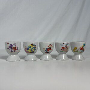 Vintage Ceramic Egg Cups – Set of 5 – Whimsical Cartoon Designs – Collectible Ki